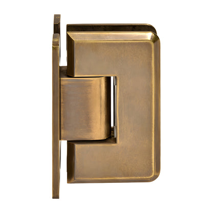 Vintage brass Cologne shower door hinge, H back plate, beveled edges, fits 3/8-1/2 glass (SKU C0L037VBR)