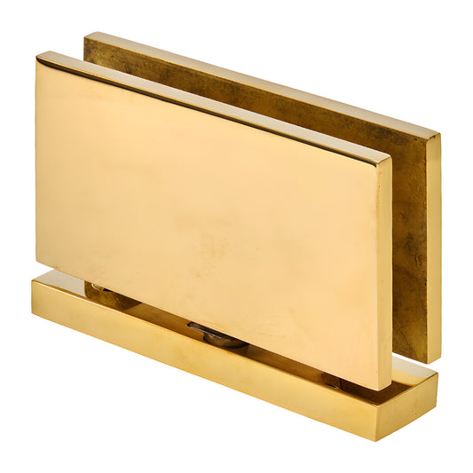 Senior Cardiff unlacquered brass top-and-bottom pivot hinge for 1/2" tempered glass shower door, SKU SRCAR01ULBR