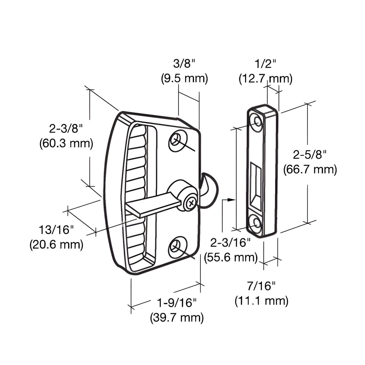 Black diecast inside latch and pull with matching strike, surface-mount commercial door hardware (SKU A155)