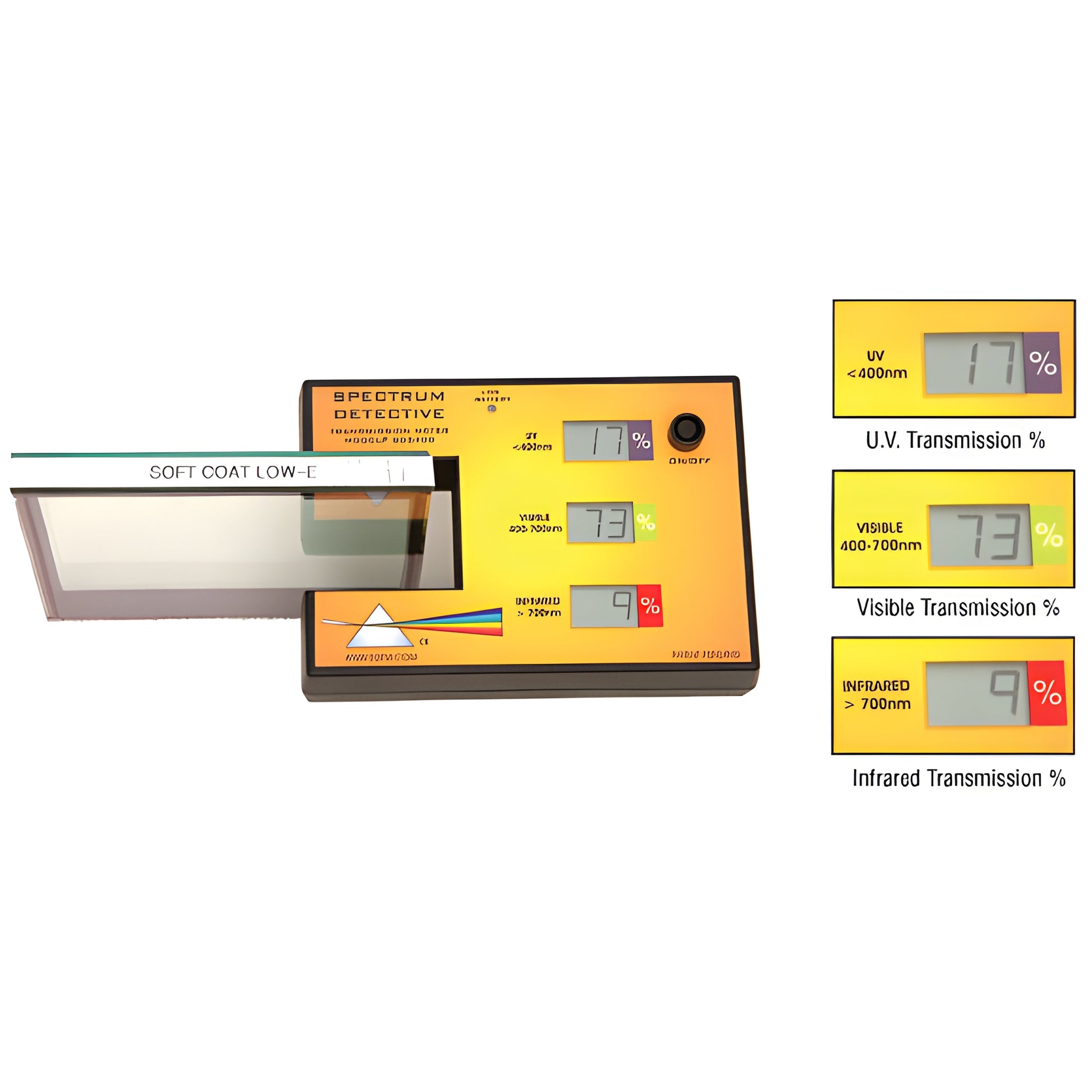 CRL Spectrum Detective SD2400 handheld orange meter with tray and glass sample showing UV, visible, and infrared transmission