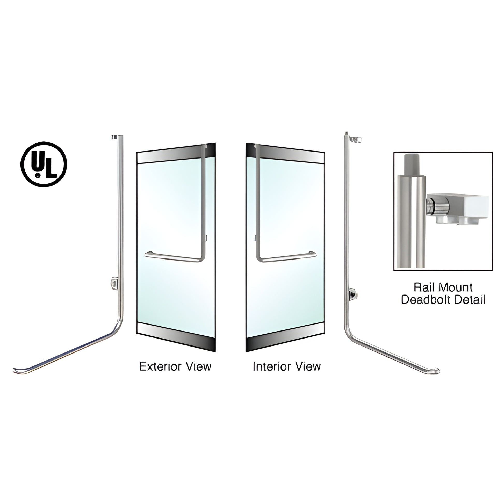 Brushed stainless steel rail-mount deadbolt access handle for 3/4" glass doors, left-hand reverse, 1 1/4" dia (SKU 3D100D4R1B