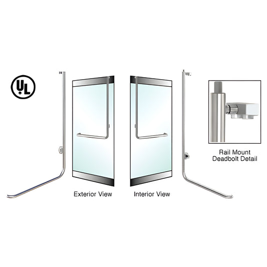 Brushed stainless steel Blumcraft DB100D4R1BS rail mount deadbolt handle for 1/2 in glass doors, left-hand reverse