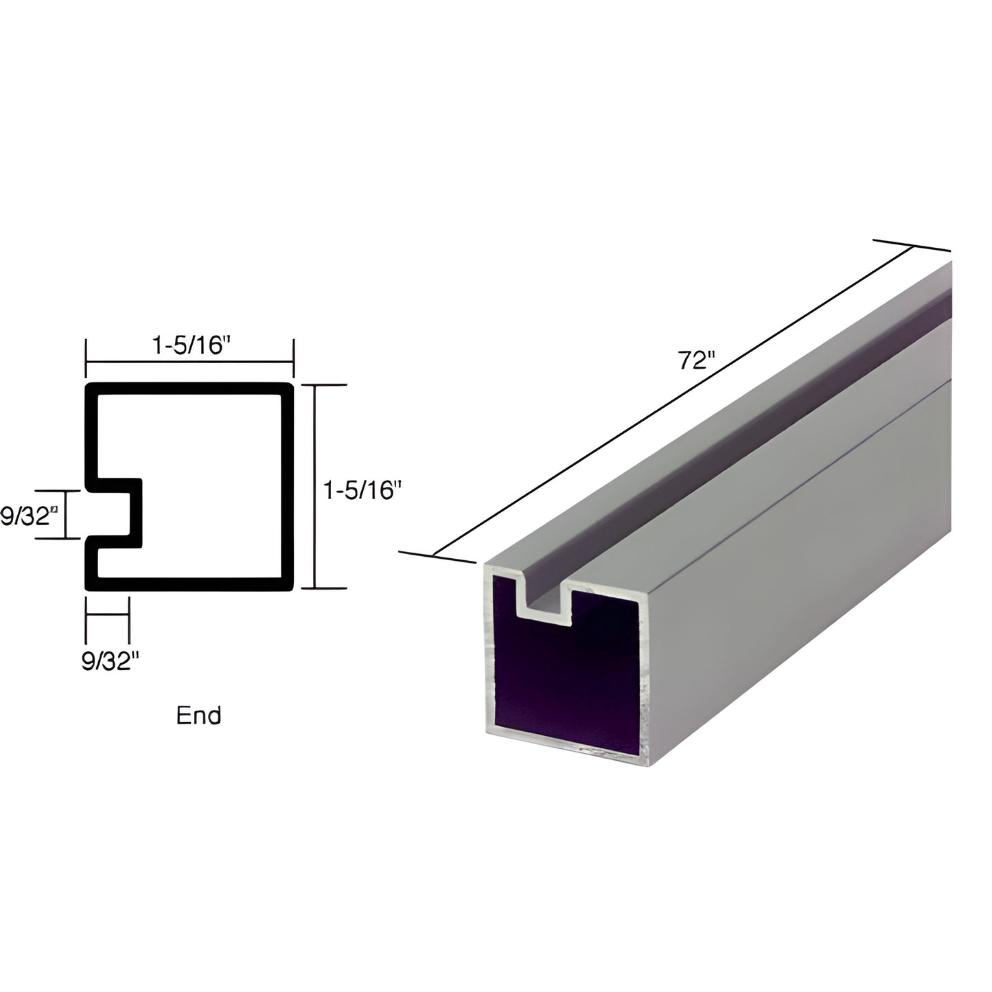 Satin anodized aluminum Sculptured Series square partition post, 72" long, 1-5/16" tube with 9/32" recessed glass pocket.