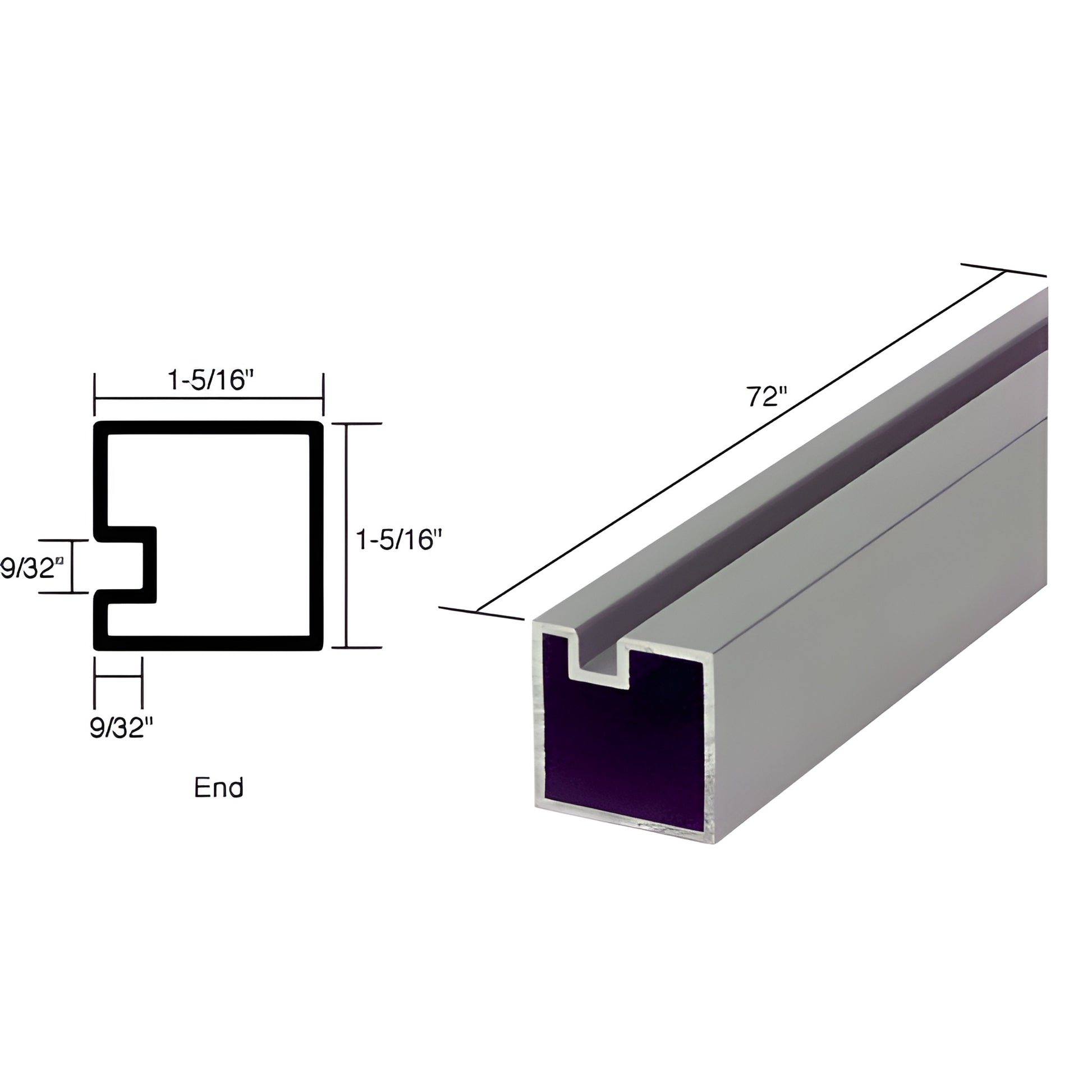 Satin anodized aluminum Sculptured Series square partition post, 72" long, 1-5/16" tube with 9/32" recessed glass pocket.
