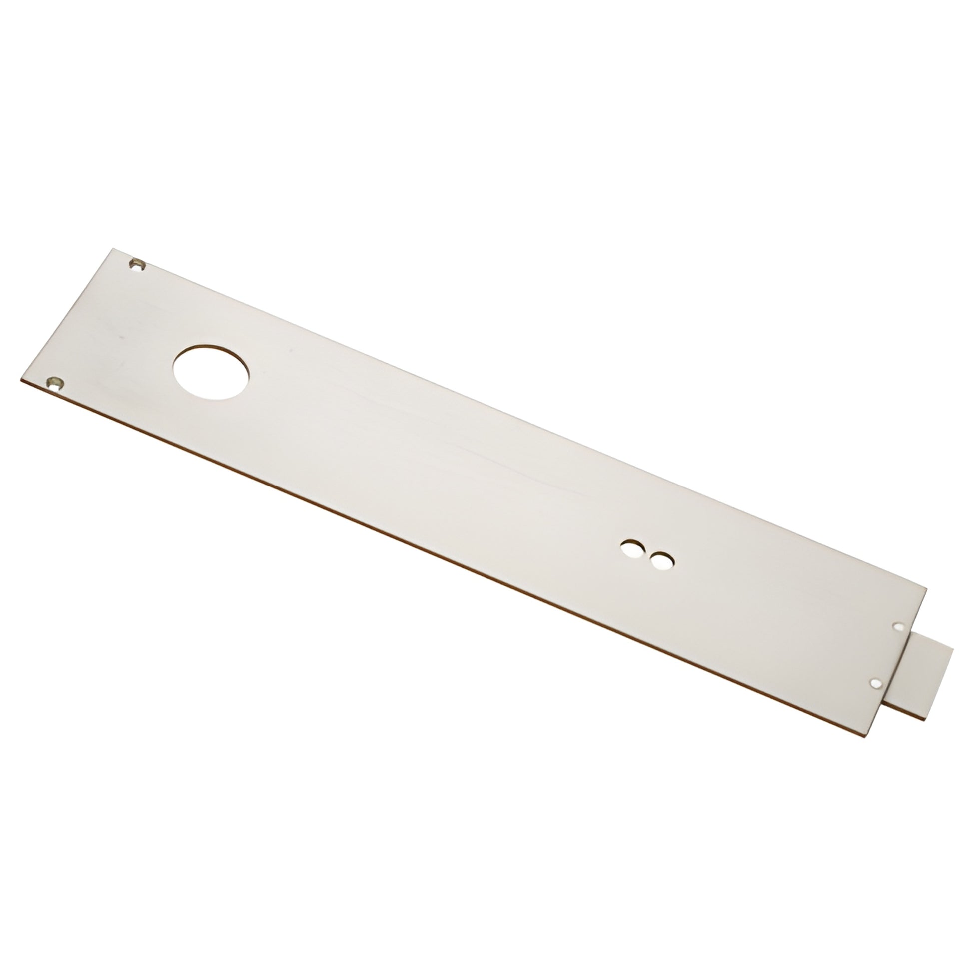 Dormakaba RTS8563AL aluminum cover plate for overhead concealed closer, 15-3/4 in, pre-cut spindle and valve holes.