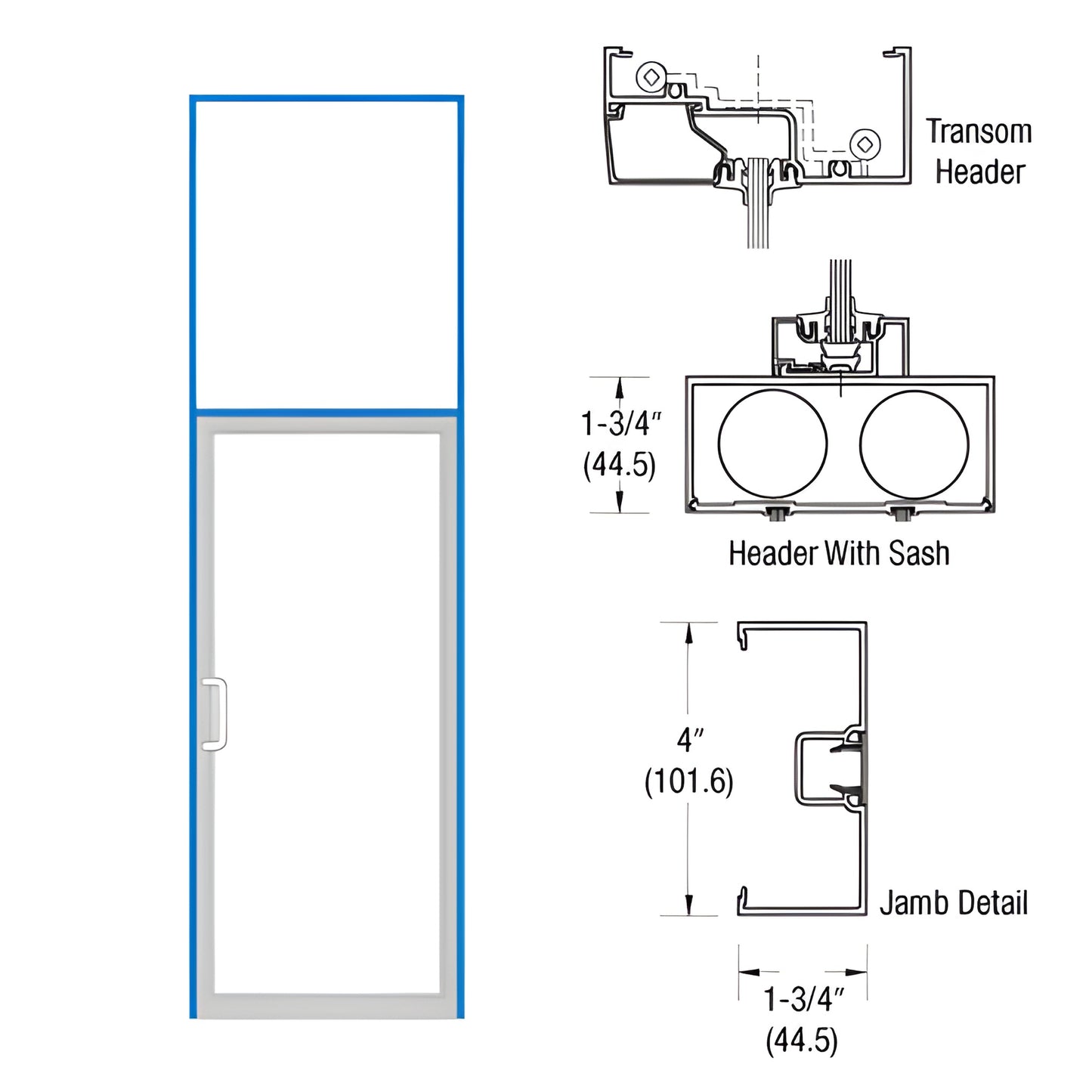 Commercial black-bronze anodized storefront door frame with transom, 36"x84" opening and technical jamb/header diagrams.
