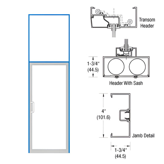 Commercial black-bronze anodized storefront door frame with transom, 36"x84" opening and technical jamb/header diagrams.
