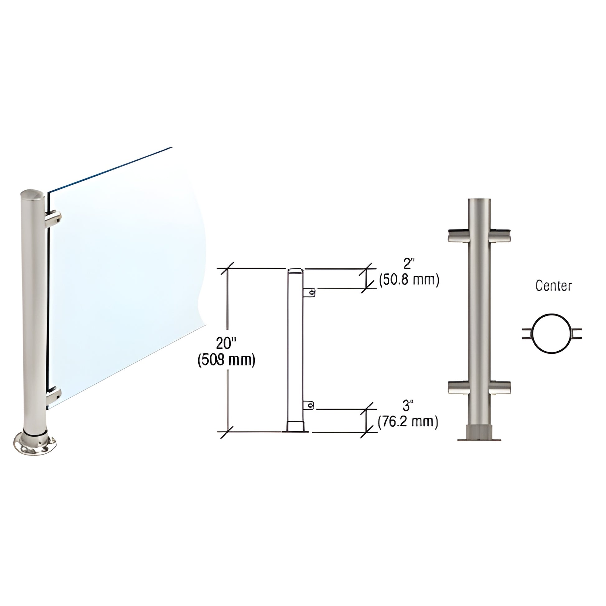 PP57CBS 20" brushed stainless slimline center post for glass partitions, round tube accepts 1/4" or 3/8" glass.