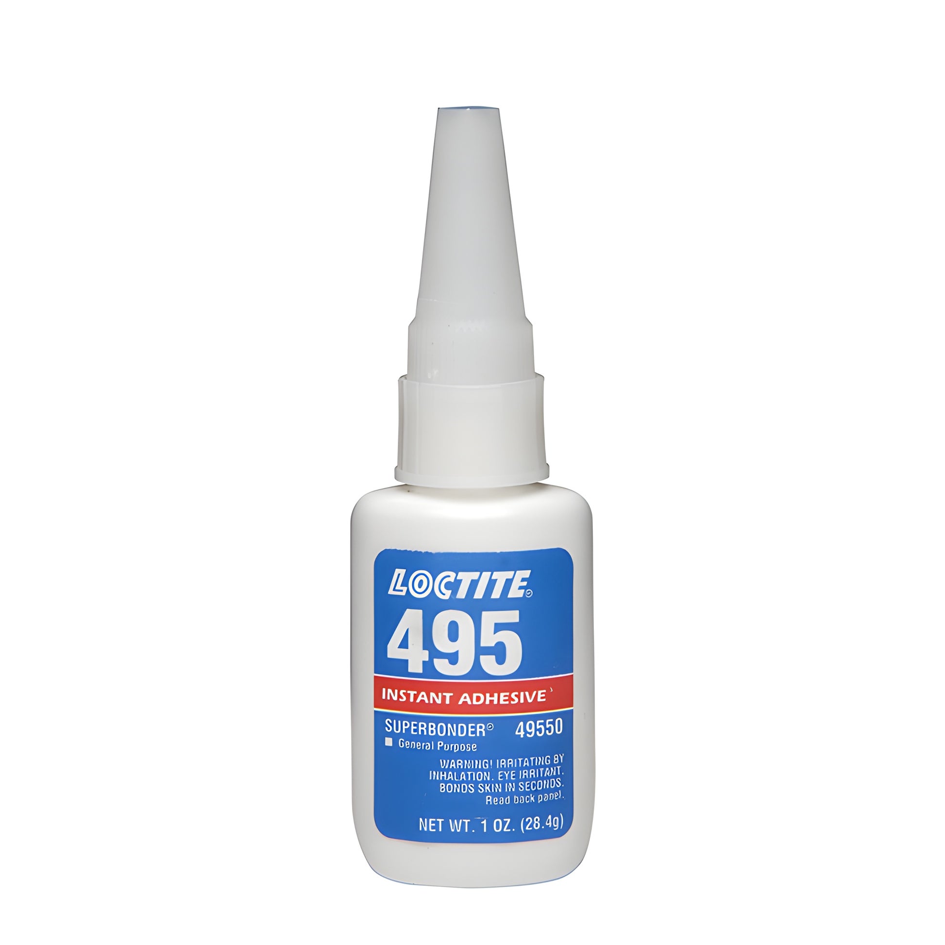 Loctite 495 Superbonder instant adhesive 1 oz white bottle with blue label, fine-tip nozzle (SKU 49550)