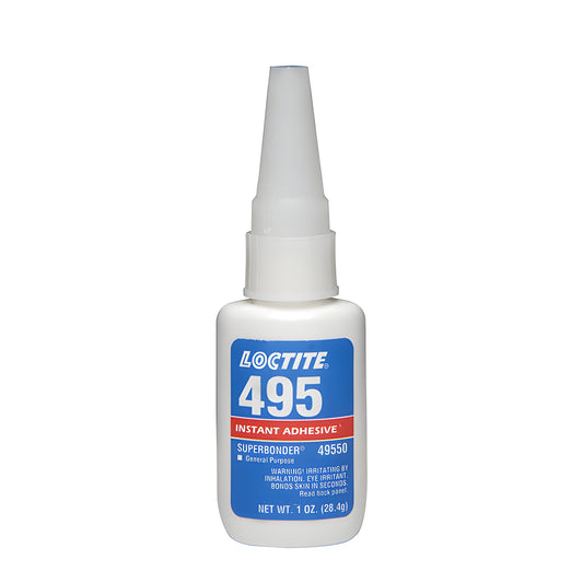 Loctite 495 Superbonder instant adhesive 1 oz white bottle with blue label, fine-tip nozzle (SKU 49550)