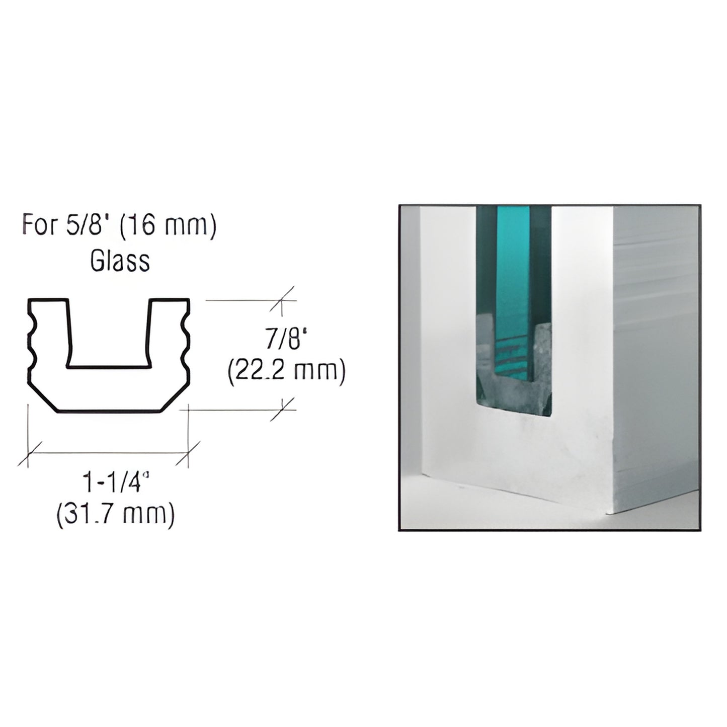 GR6UB25 black EPDM centering block for 5/8 in (16 mm) glass - cross section diagram and installed view
