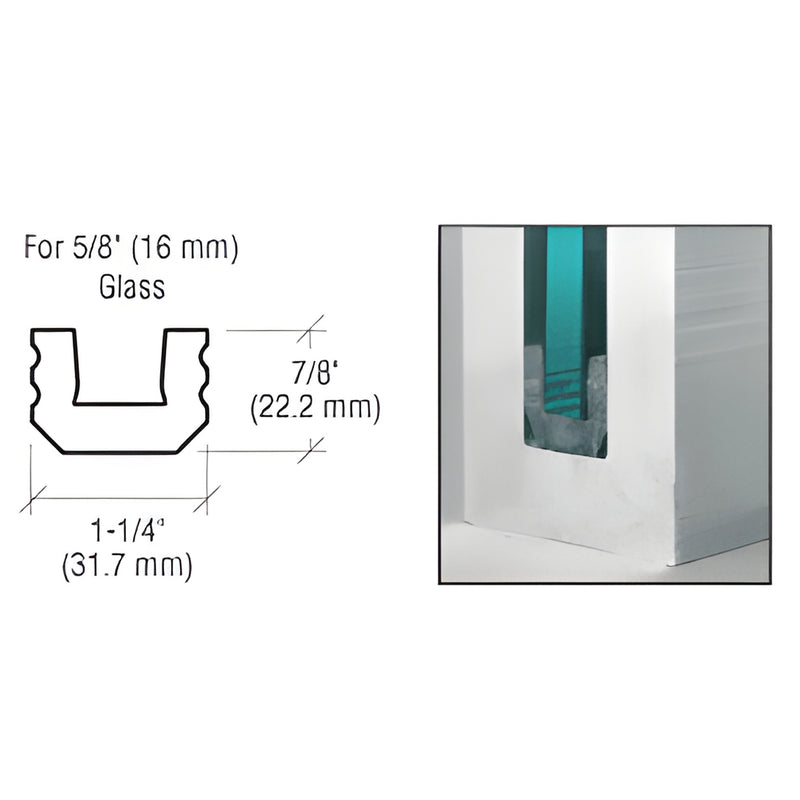 GR6UB25 black EPDM centering block for 5/8 in (16 mm) glass - cross section diagram and installed view