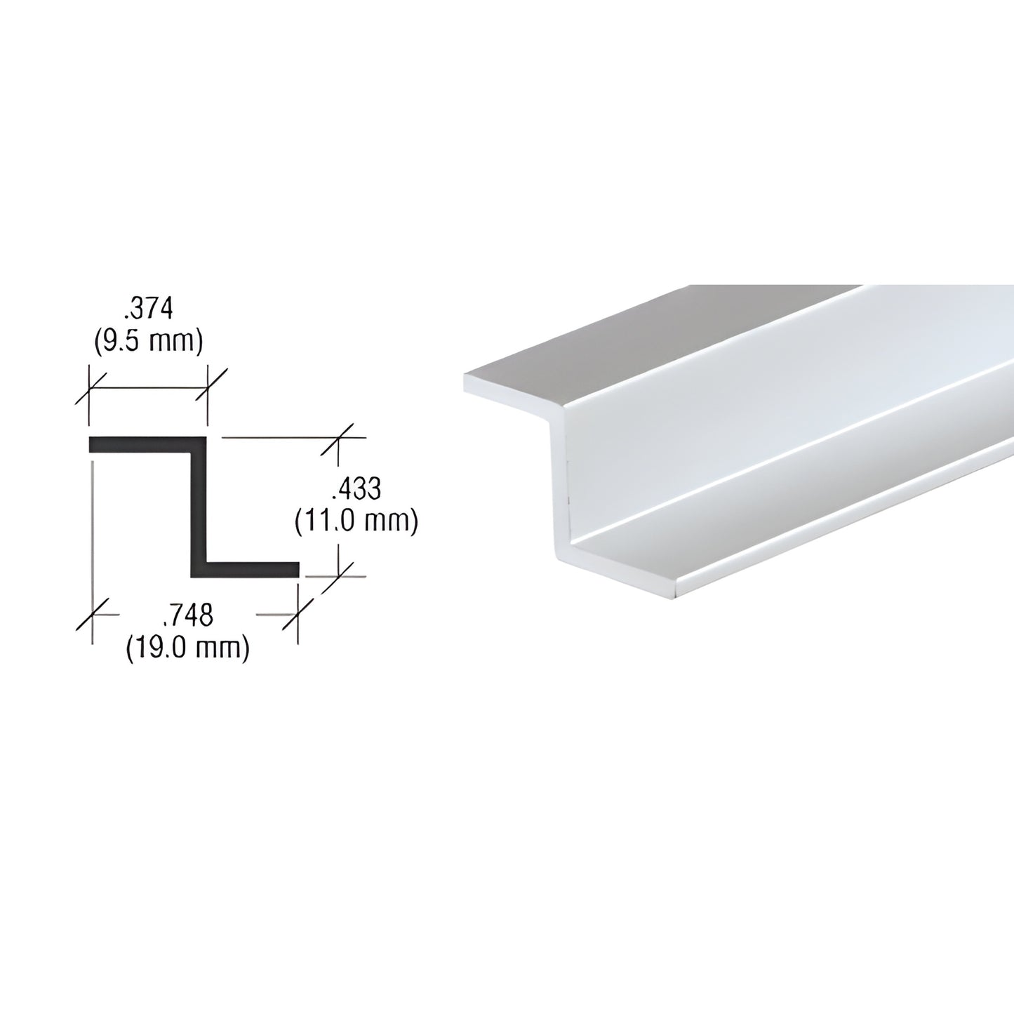 Satin anodized aluminum Z-bar hinge framing profile SKU D1626A, 144" length, for 1/4" (6mm) glass