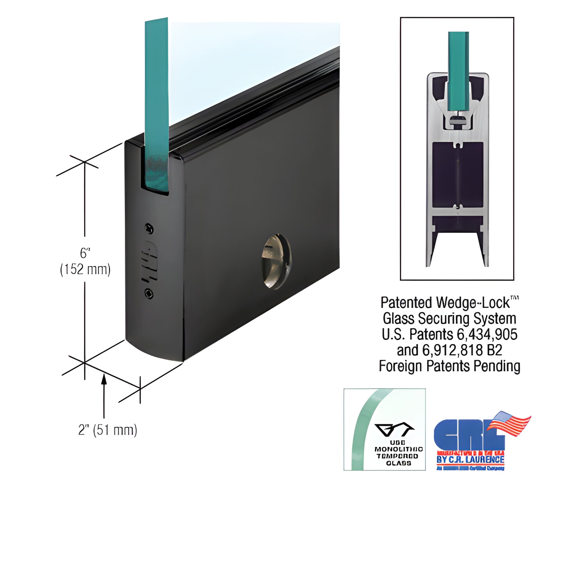 Gloss black 6" x 2" Wedge-Lock door bottom rail for 3/8" (10mm) glass, includes lock, shown with cross-section detail.