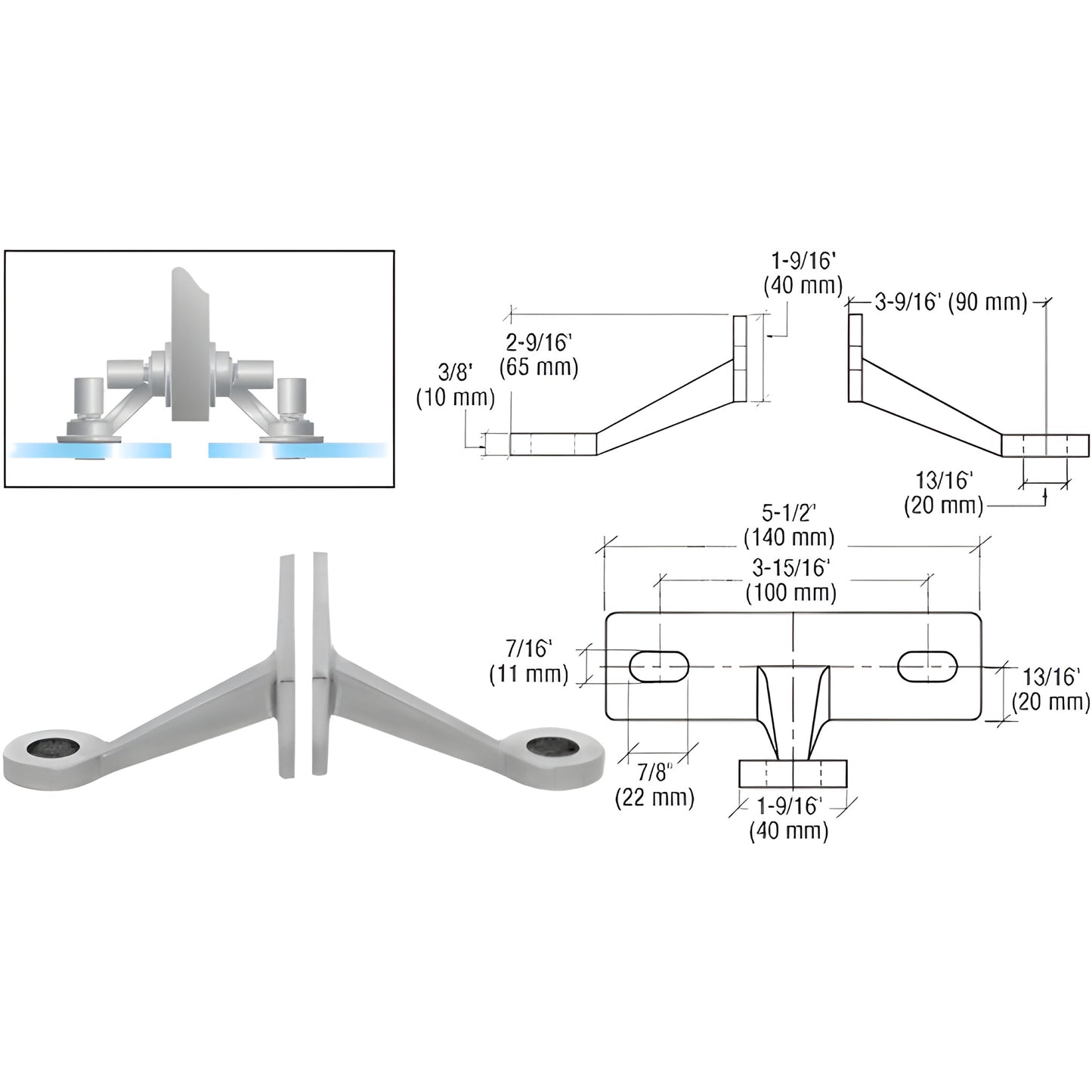 CRL stainless steel double-arm glass fitting FMR2BS for mounting two inline tempered glass panels to a structural fin