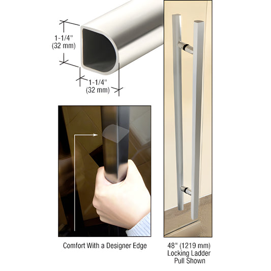Polished stainless steel D-shaped ladder pull handle (1-1/4" dia), 48" shown, fits 3/8-3/4" glass - SKU D60LPPS