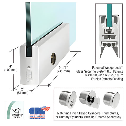 CRL Wedge-Lock door rail DR4SPS12PL - polished SS 9-1/2" rail for 1/2" glass, 4" high, includes lock