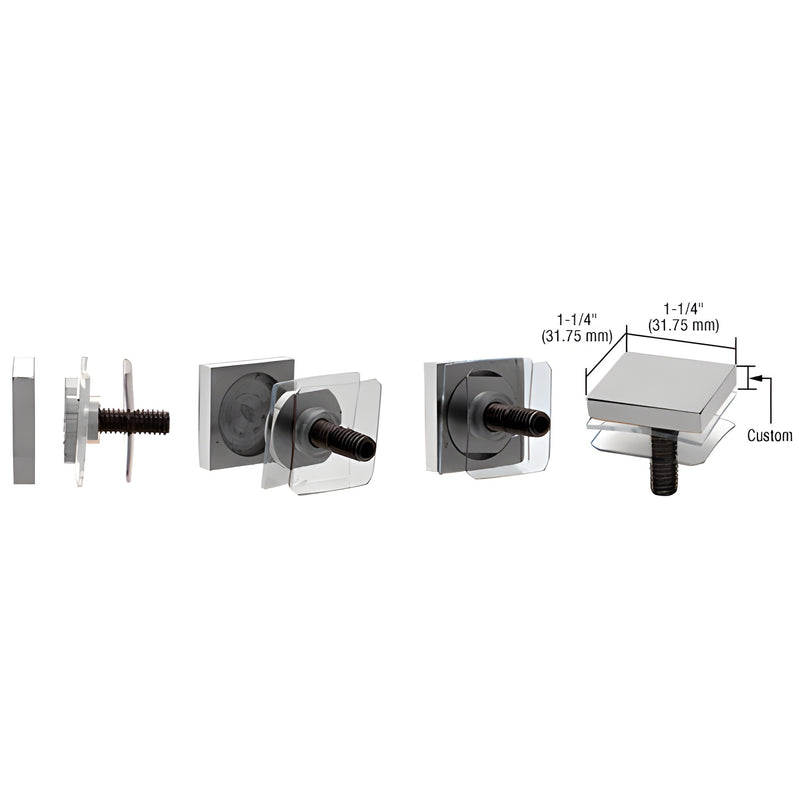 SCAP125CBS brushed stainless steel 1-1/4" custom square standoff cap assembly, exploded and assembled views