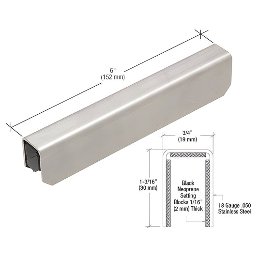 Stainless steel 6" cap rail connector sleeve (SKU GRL10CSS) U-shaped with black neoprene setting blocks.