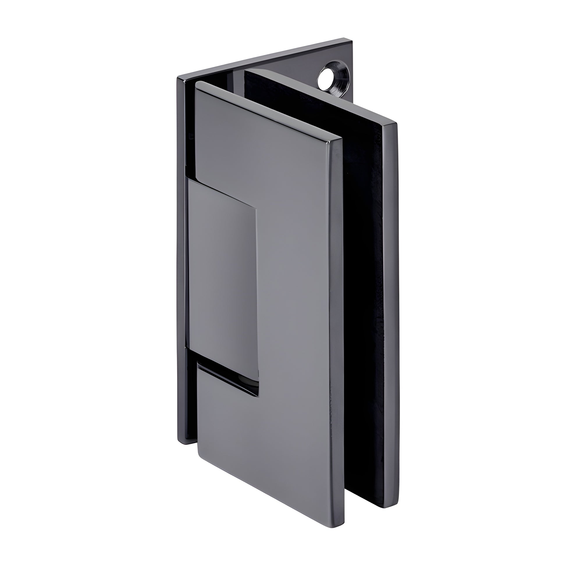 Gun metal Vienna brass shower door hinge (wall-mount offset) for 3/8-1/2" glass, squared design, SKU V1E044GM