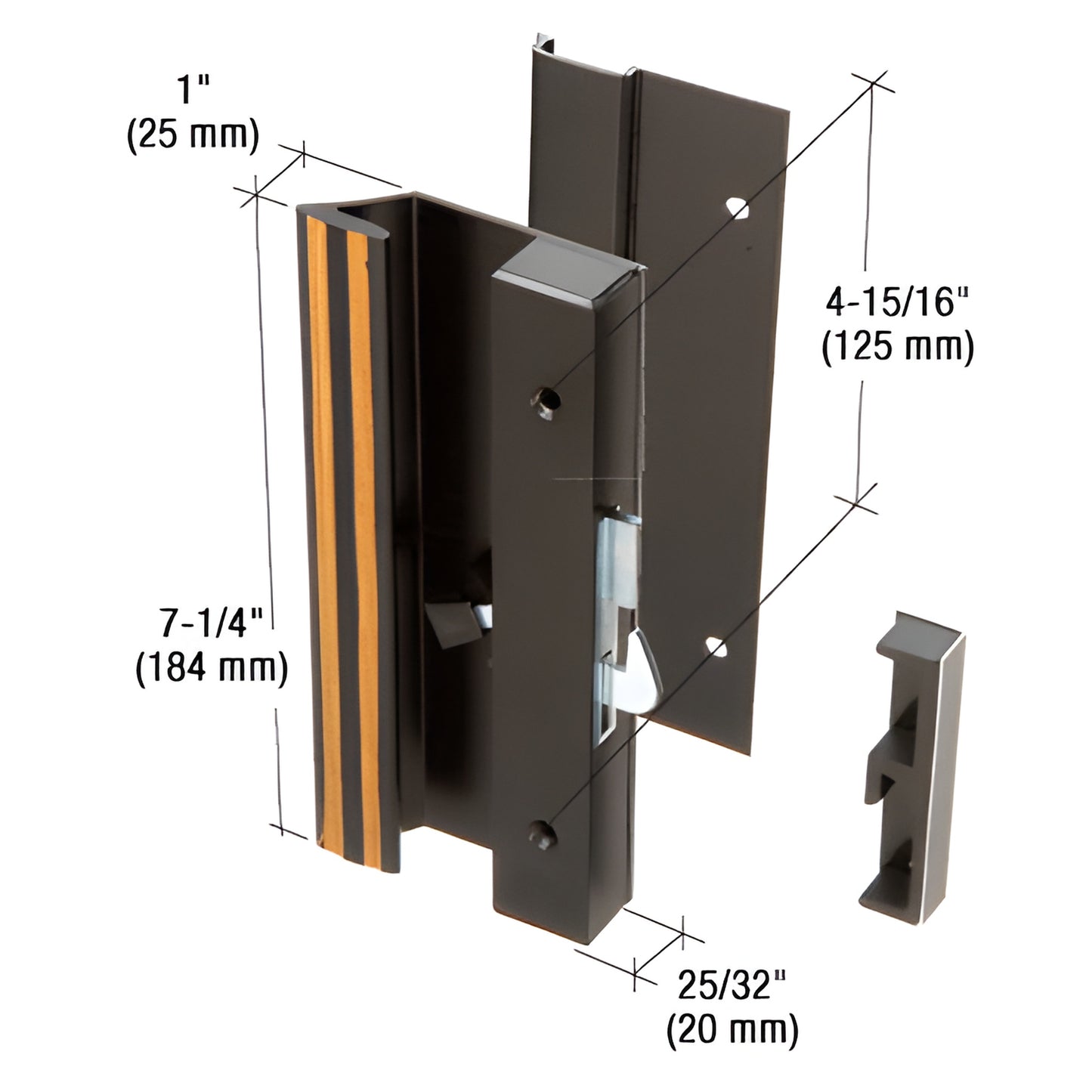 Black aluminum low-profile sliding door handle set SKU C1007, 7-1/4" long, 1" projection, surface-mounted with keeper.