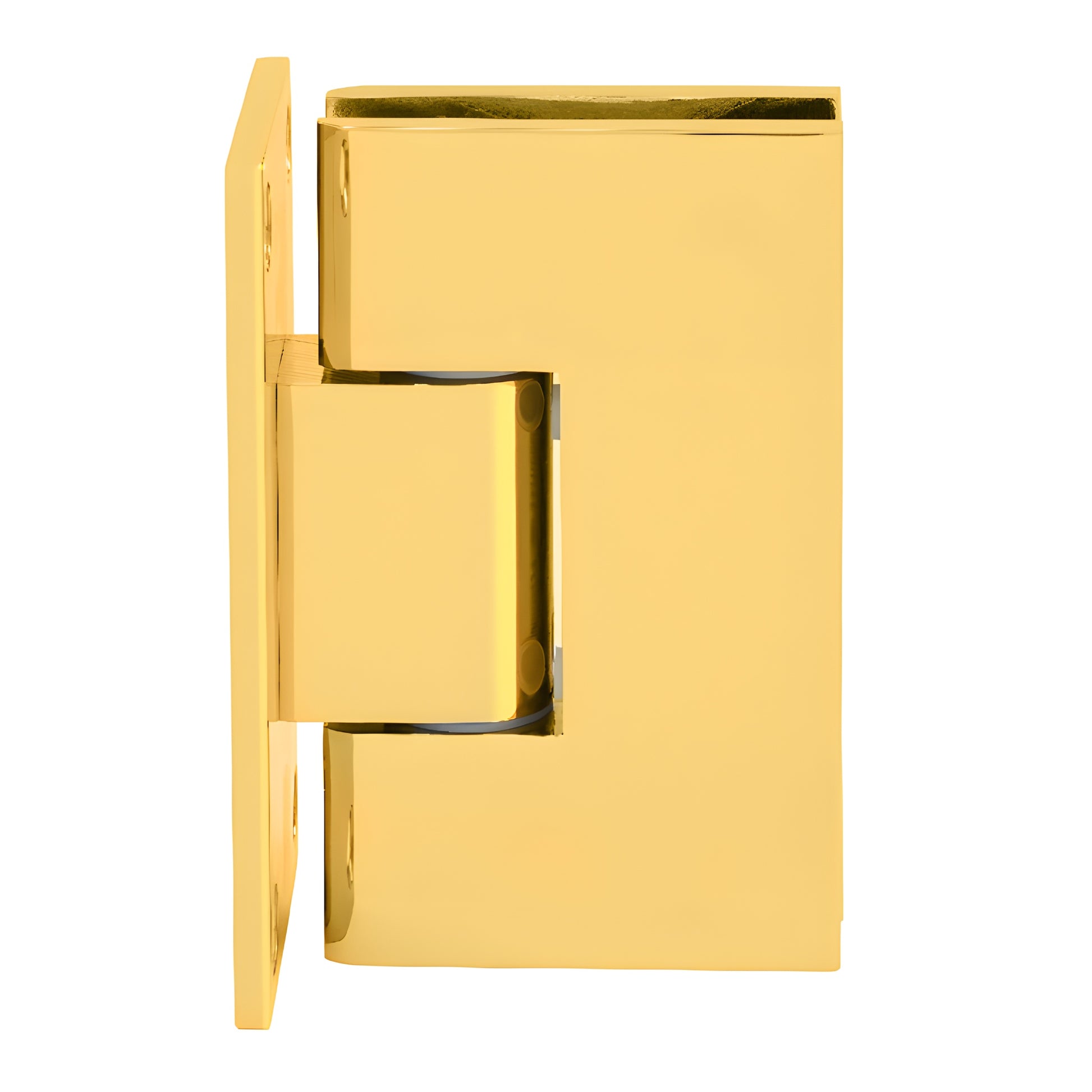 Polished brass solid brass shower hinge (VCT037BR) for frameless glass doors, wall mount, fits 3/8-1/2" glass.
