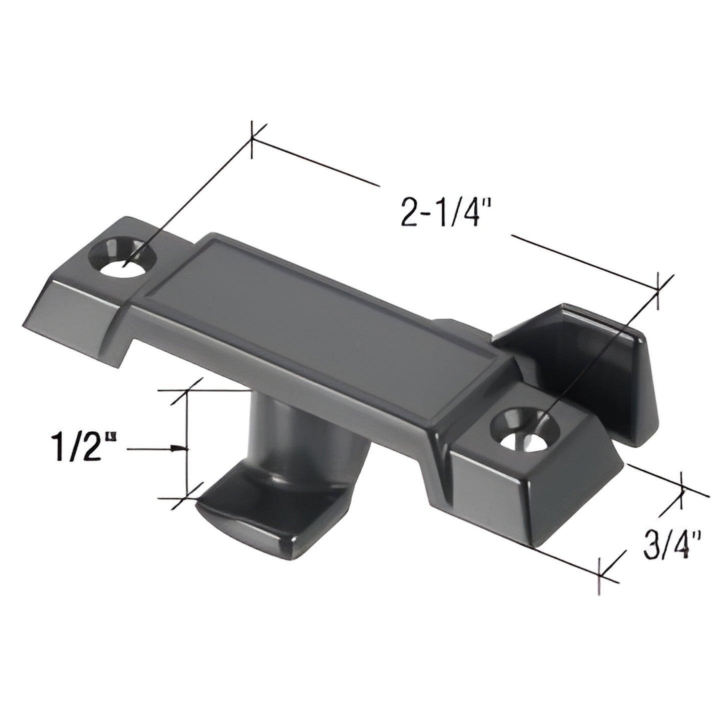 Black CRL Acorn-style window sash lock (SKU F2771), 2-1/4" hole centers, 1/2" tongue drop, 3/4" width.