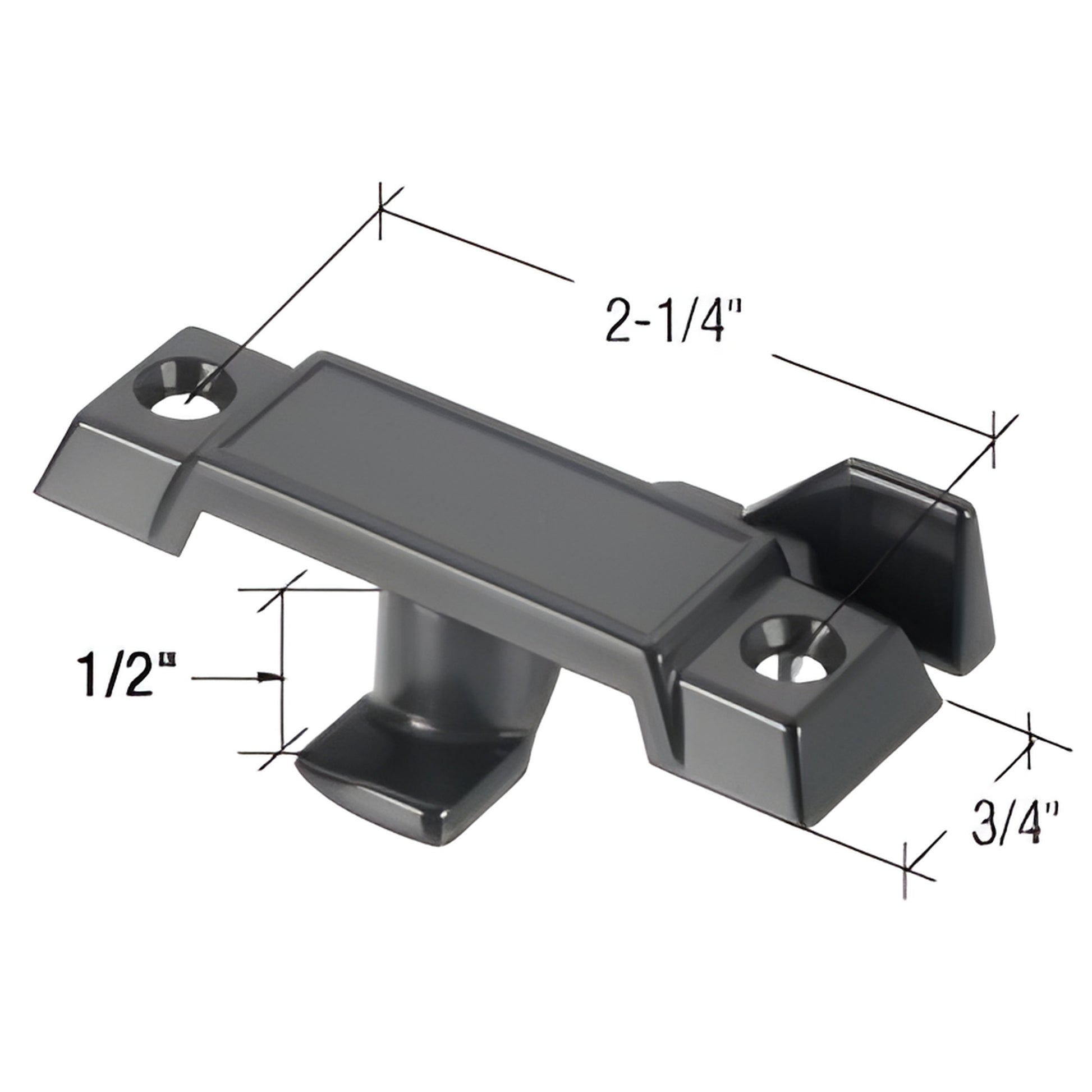 Black CRL Acorn-style window sash lock (SKU F2771), 2-1/4" hole centers, 1/2" tongue drop, 3/4" width.