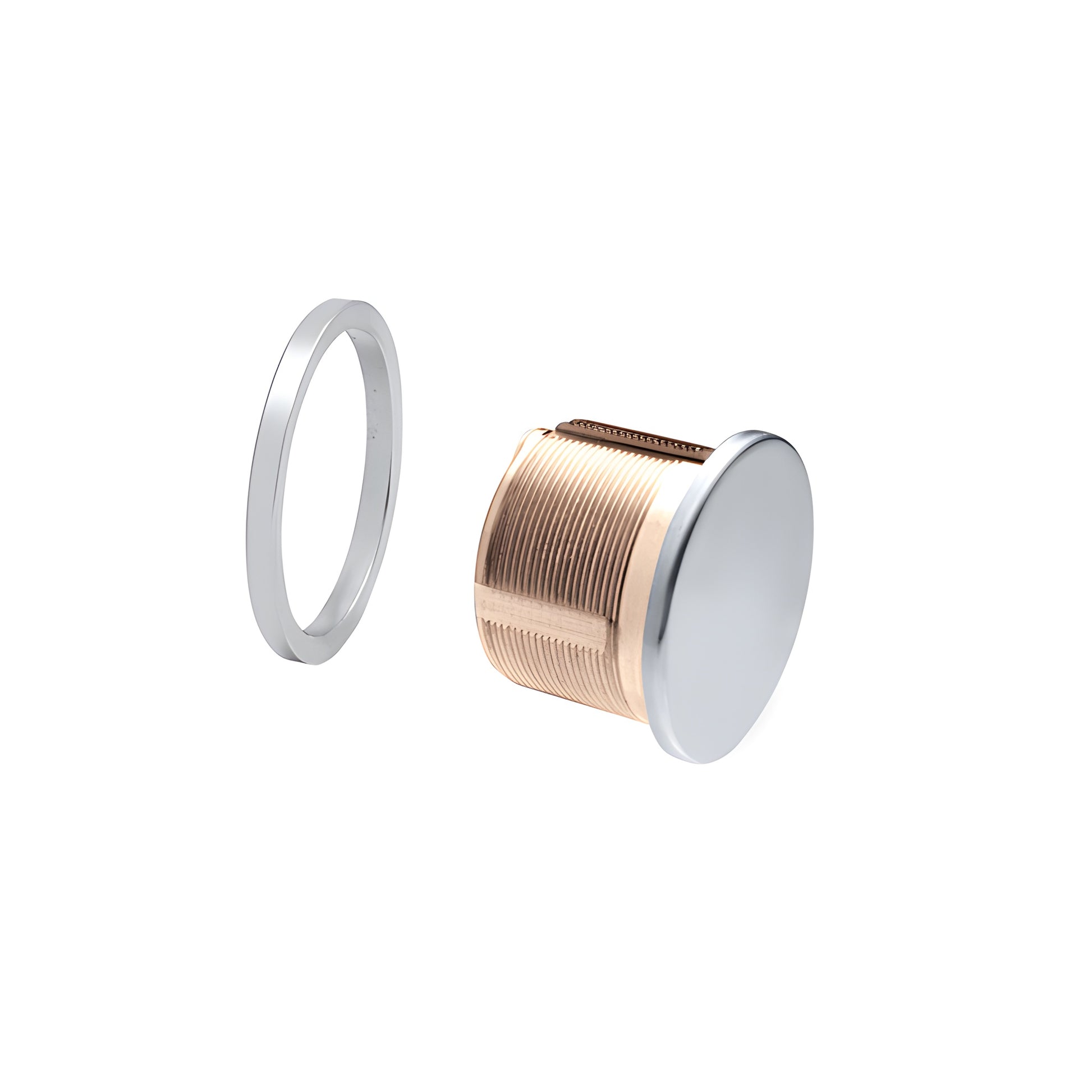 DRA30SA mortise dummy cylinder - satin anodized brass body with chrome bezel ring, low-profile thumbturn.