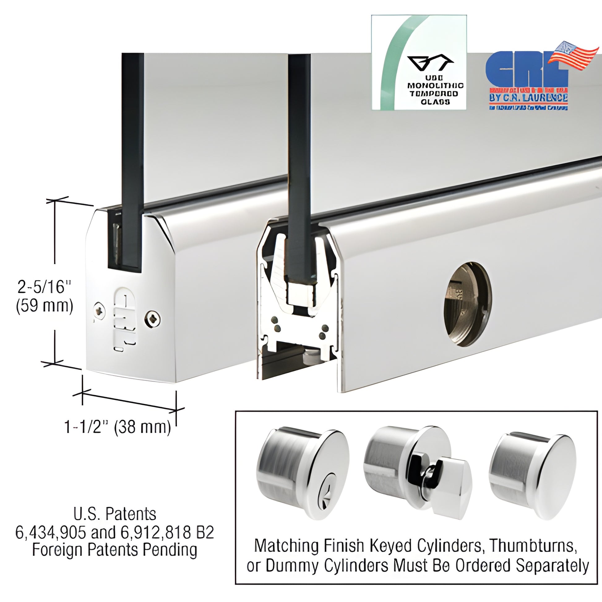 DR2TPS12PL low-profile polished stainless door rail, 8" for 1/2" glass, Wedge-Lock system, 2-5/16" H x 1-1/2" W