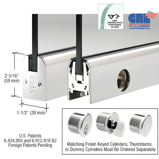 Polished stainless steel low-profile door rail DR2TPS38SL, 35-3/4 in for 3/8 in glass, includes lock