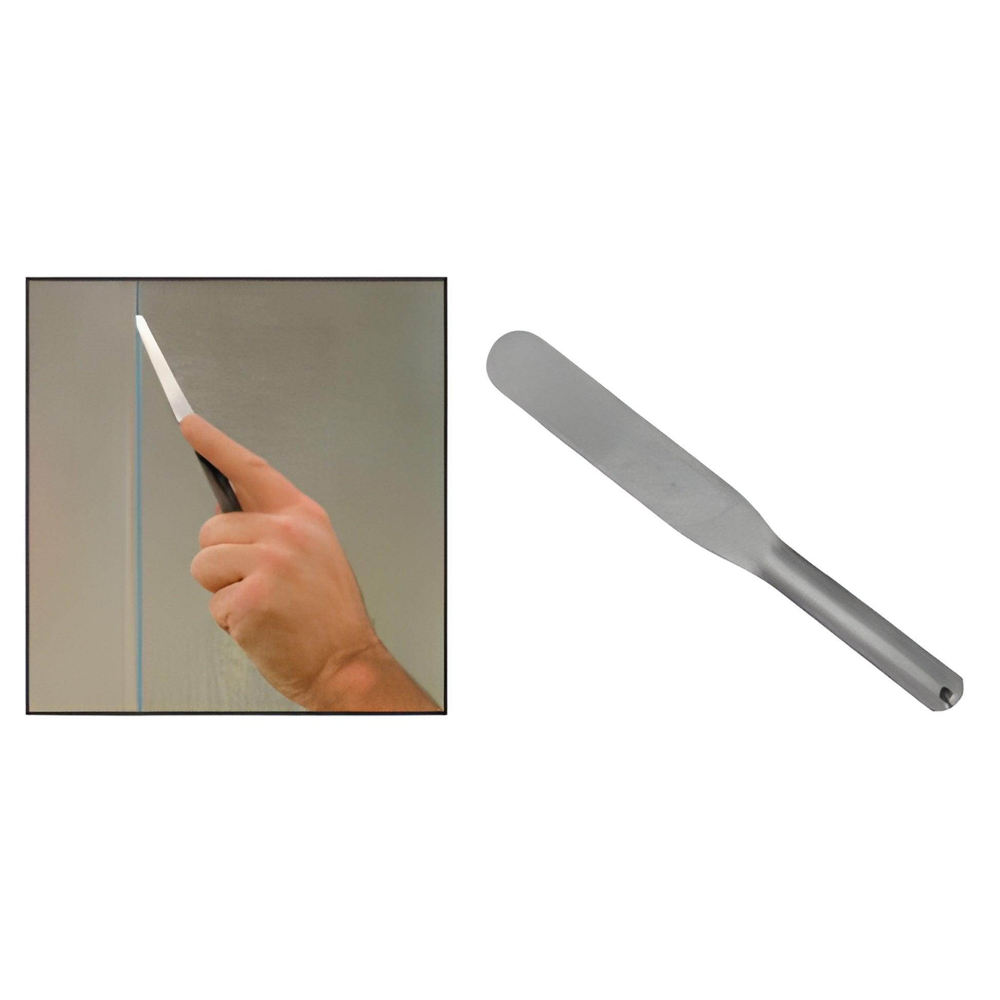 Stainless steel sealant spatula 7.75in x 0.75in, shown and used to tool a joint. SKU AB9584