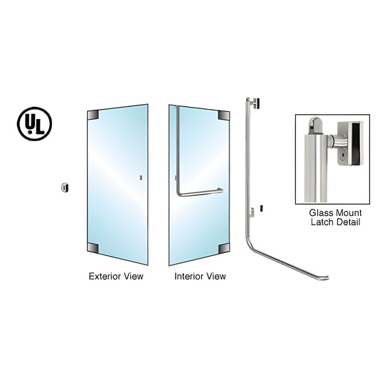 Brushed stainless tubular panic handle for 1/2 in glass doors, 1-1/4 in tube, exterior keyed, UL listed