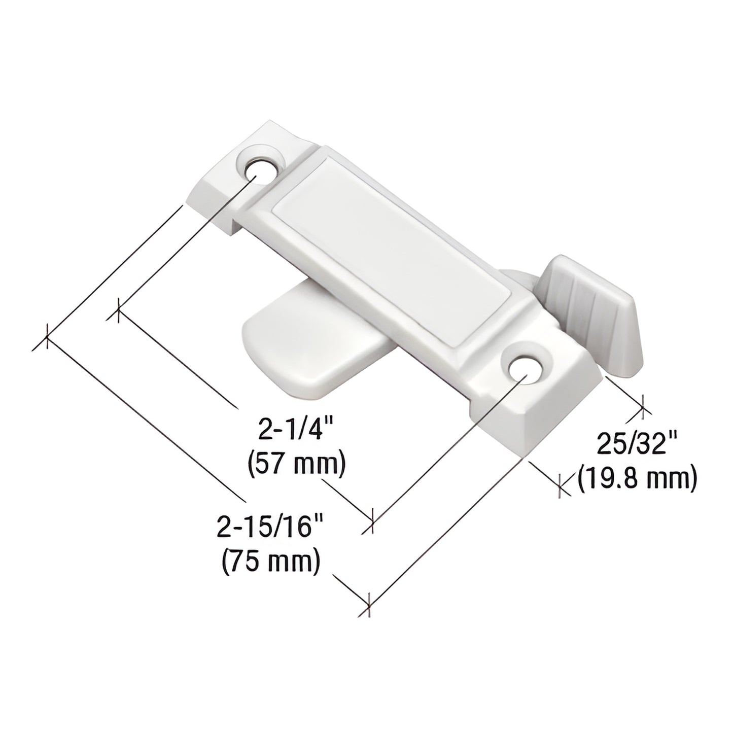White CRL window sash lock (SKU F2592) for sliding windows, 2-15/16 in long, 1/2 in latch, no keeper.