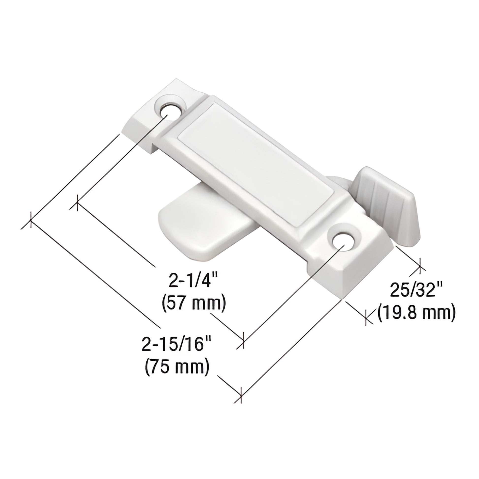 White CRL window sash lock (SKU F2592) for sliding windows, 2-15/16 in long, 1/2 in latch, no keeper.