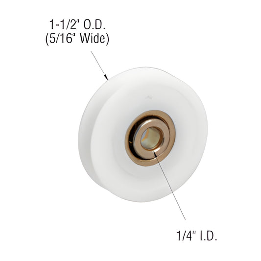 CRL D1506 white center-grooved nylon roller with metal ball bearing, 1-1/2" OD, 1/4" bore (5/16" groove)
