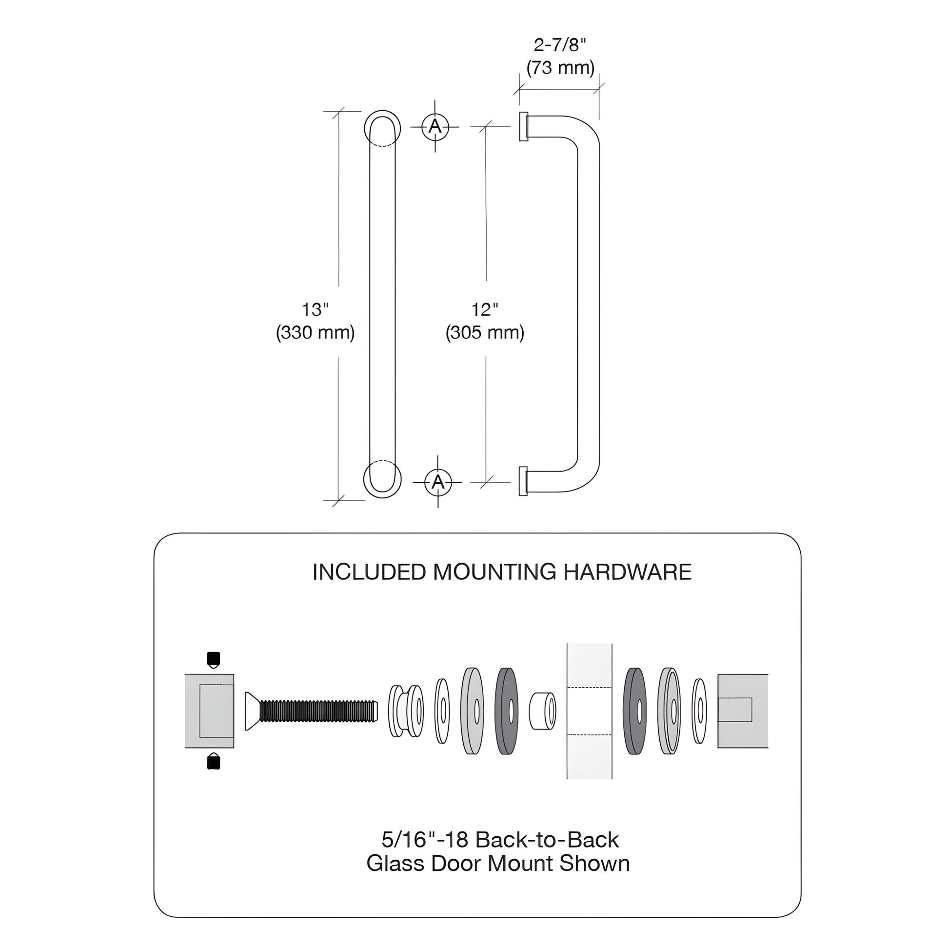 Polished stainless steel back-to-back glass door pull, 12 in center-to-center, 1 in diameter for 3/8-3/4 in glass.