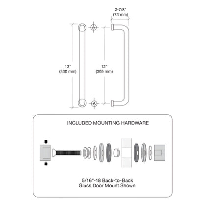 Polished stainless steel back-to-back glass door pull, 12 in center-to-center, 1 in diameter for 3/8-3/4 in glass.
