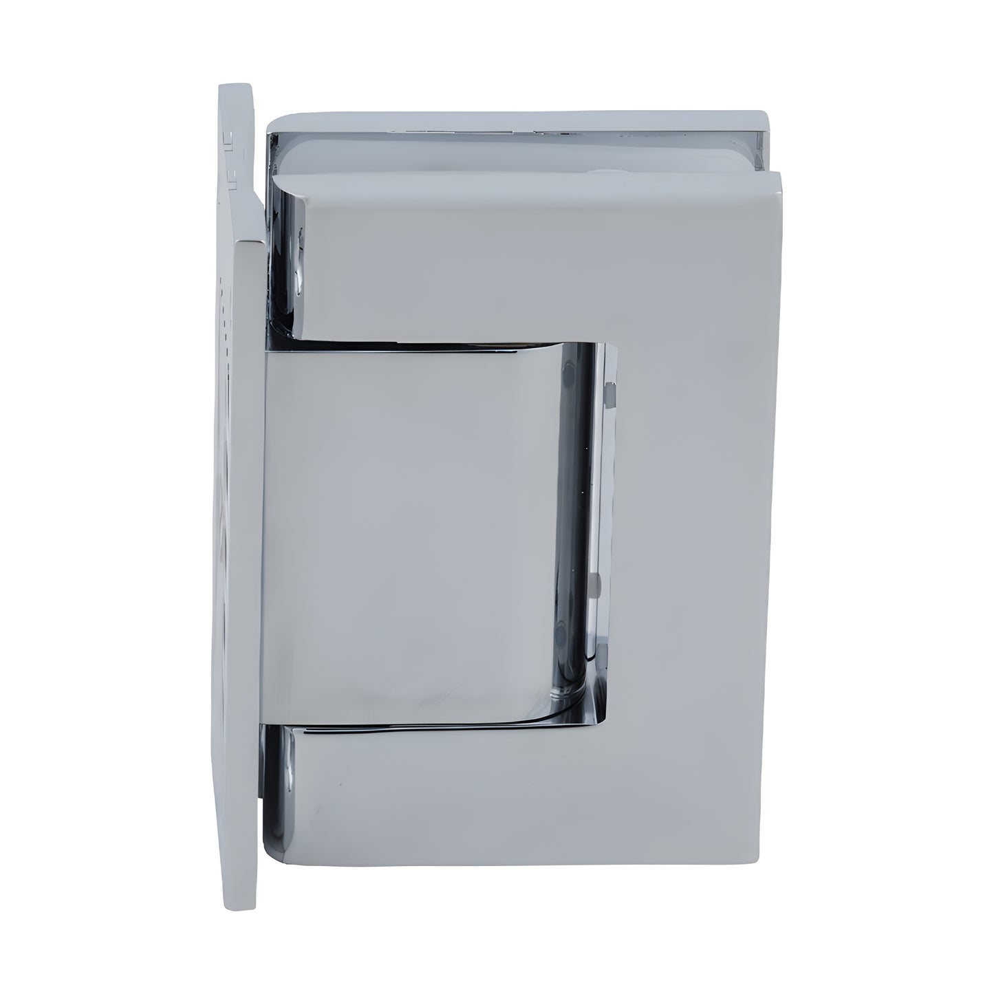 Polished chrome full-back wall hinge for frameless glass doors (H8010BTCH), aluminum, self-closing, 90 hold.