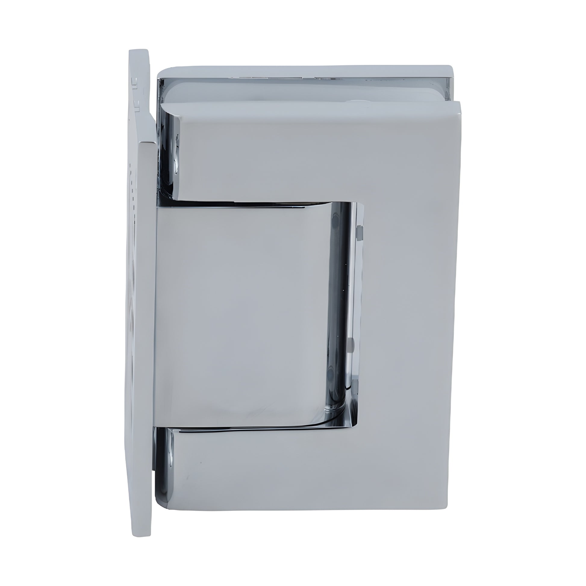 Polished chrome full-back wall hinge for frameless glass doors (H8010BTCH), aluminum, self-closing, 90 hold.