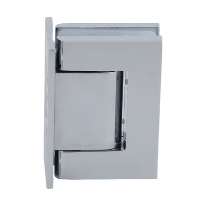 Polished chrome full-back wall hinge for frameless glass doors (H8010BTCH), aluminum, self-closing, 90 hold.
