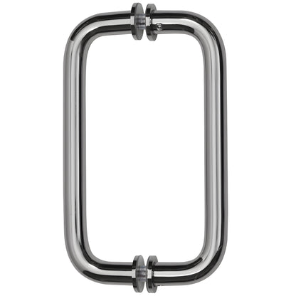 Polished chrome back-to-back tubular door pull handle (BM8X8CH), 3/4" brass tube, 8" center-to-center, decorative washers.