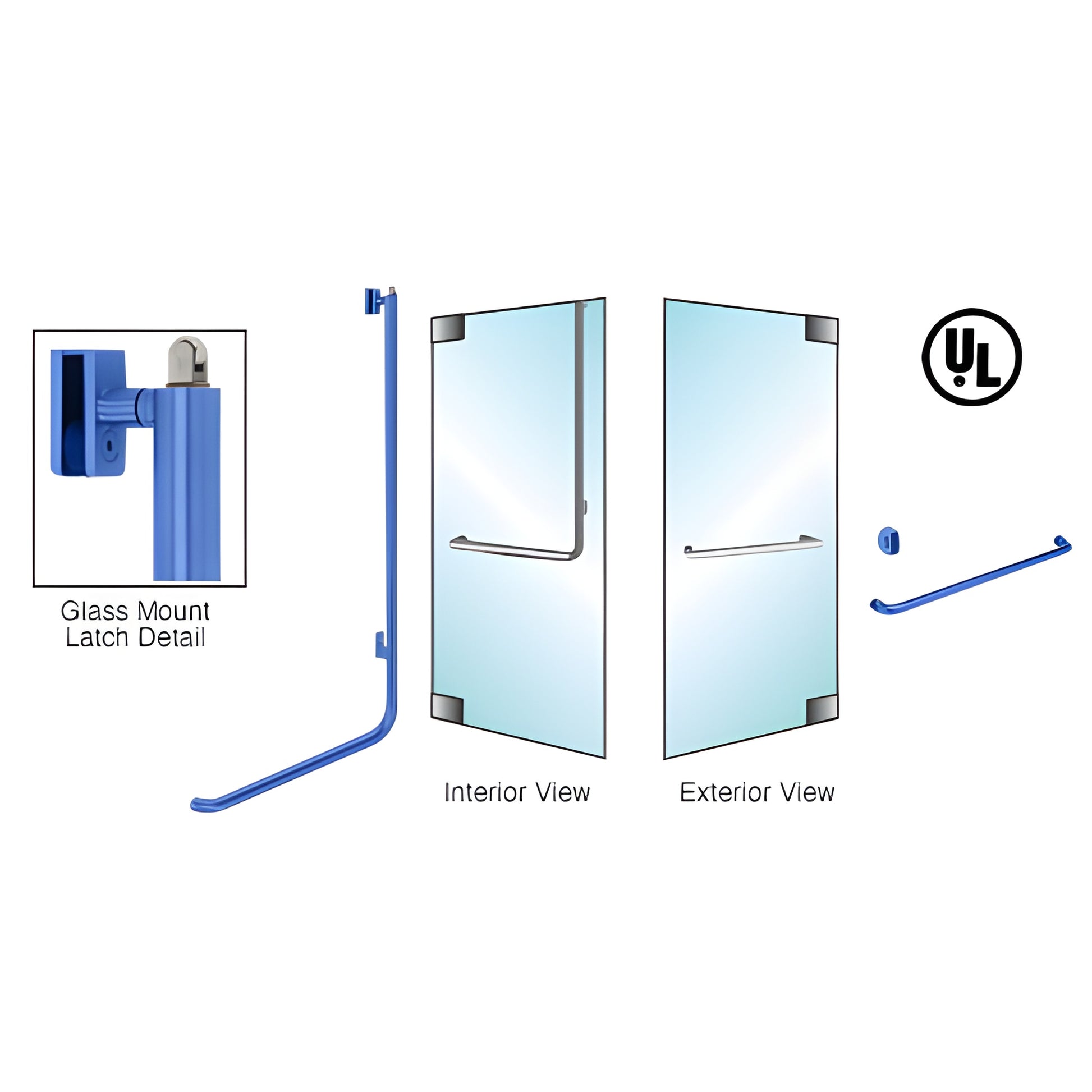 PA100A3GKPT powder coated stainless panic handle for 1/2 glass doors, 1 1/4 dia, right hand reverse, exterior key option