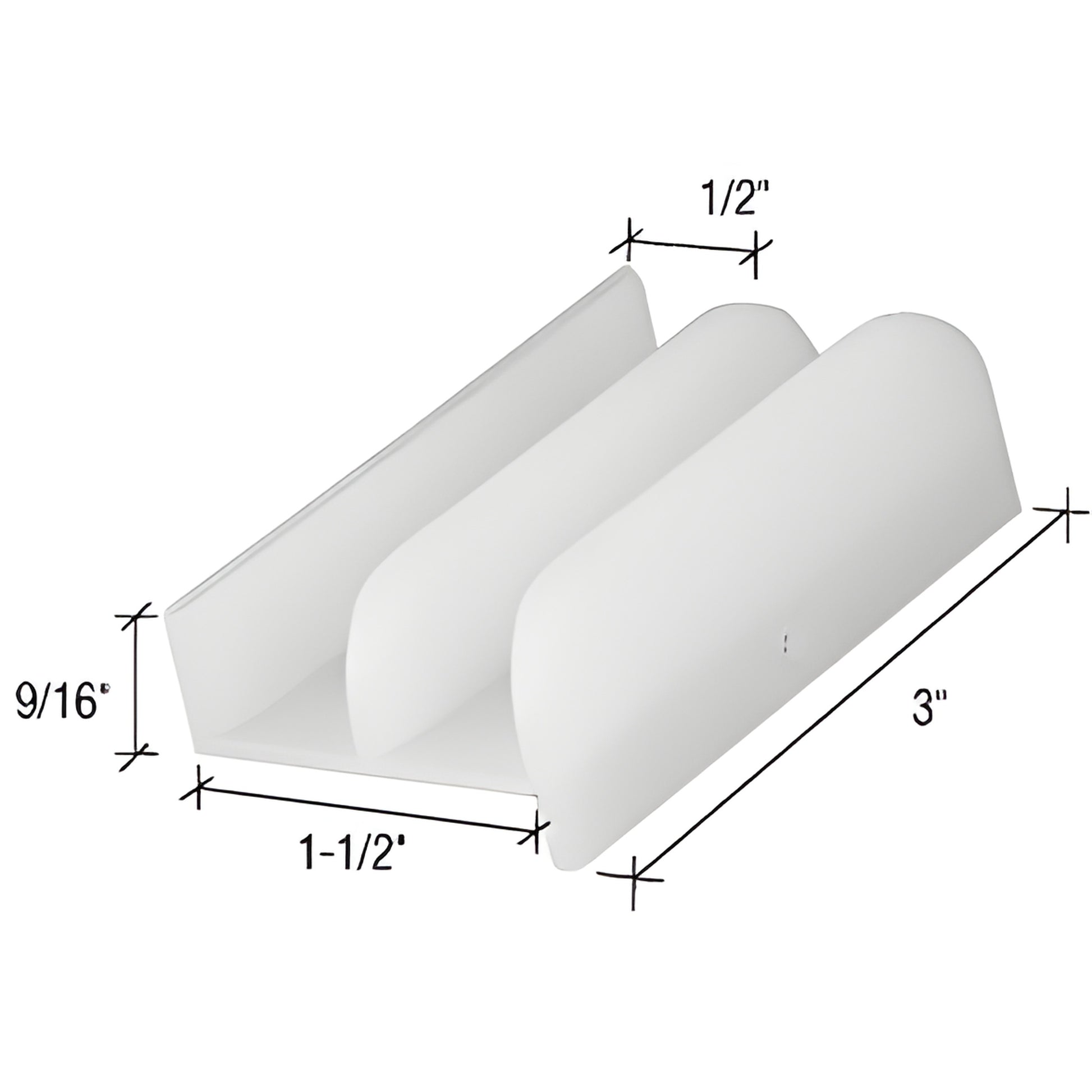 CRL SKU M6219 white plastic 1-1/2" bottom guide for 1/2" sliding shower doors, 3" long x 9/16" high.