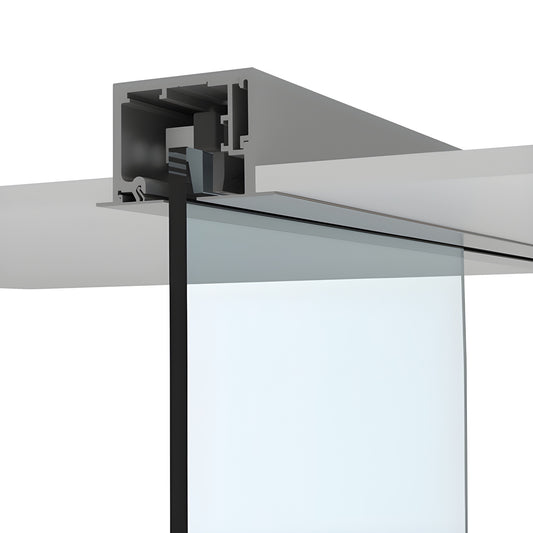 CRL690D satin anodized top-hung sliding door kit, 118 in track, rollers and monolithic tempered glass panel.