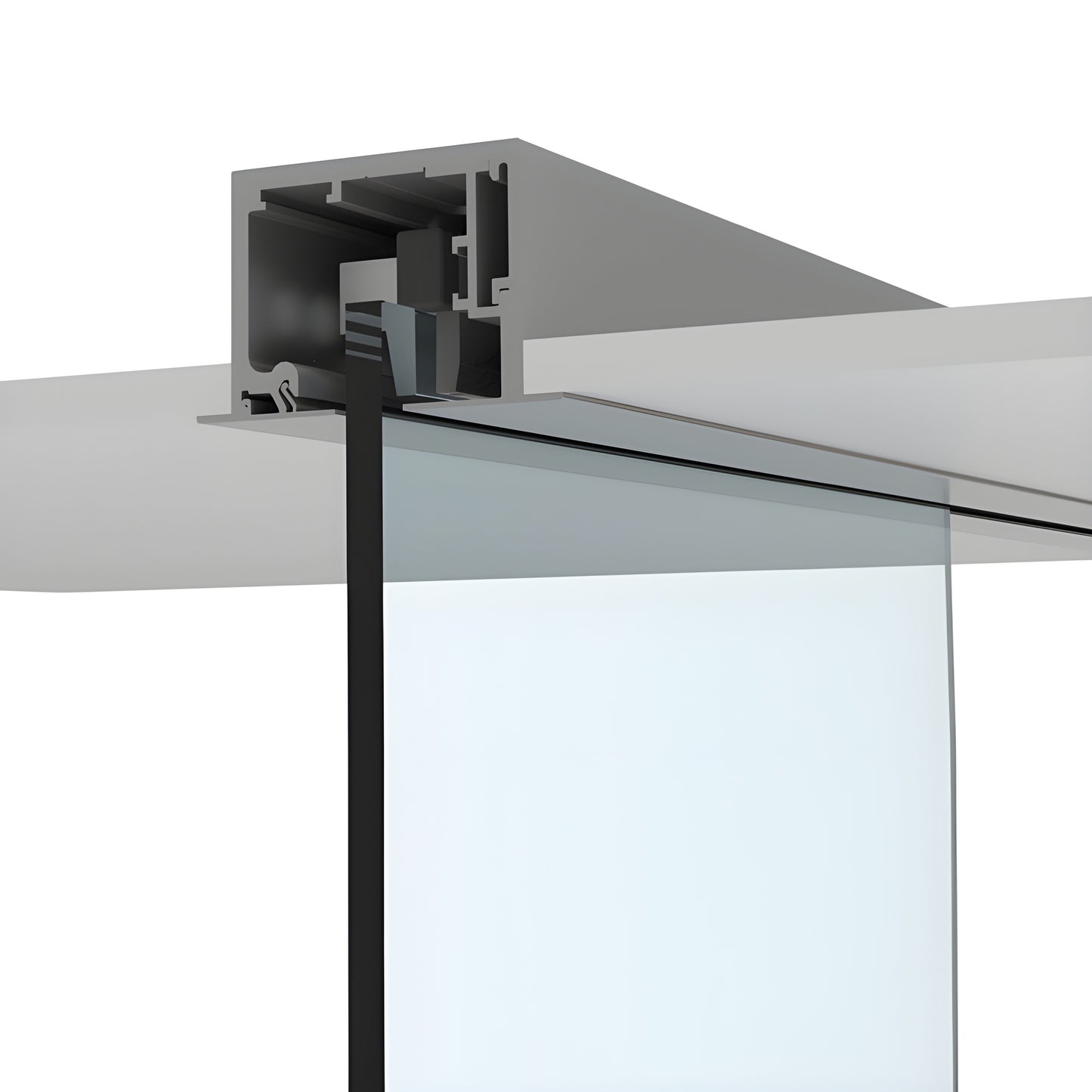 Satin anodized CRL695D commercial top-mounted sliding glass door track with suspended tempered glass panel