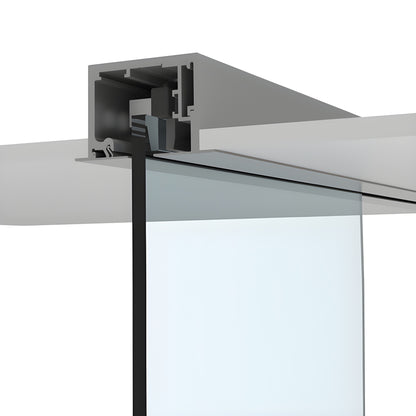 Satin anodized CRL695D commercial top-mounted sliding glass door track with suspended tempered glass panel