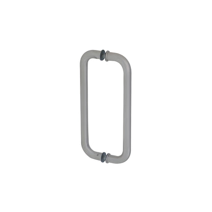 Brushed stainless steel glass-mounted pull handle, 10in center-to-center, fits 3/8-3/4in glass (SKU CM10X10BS)
