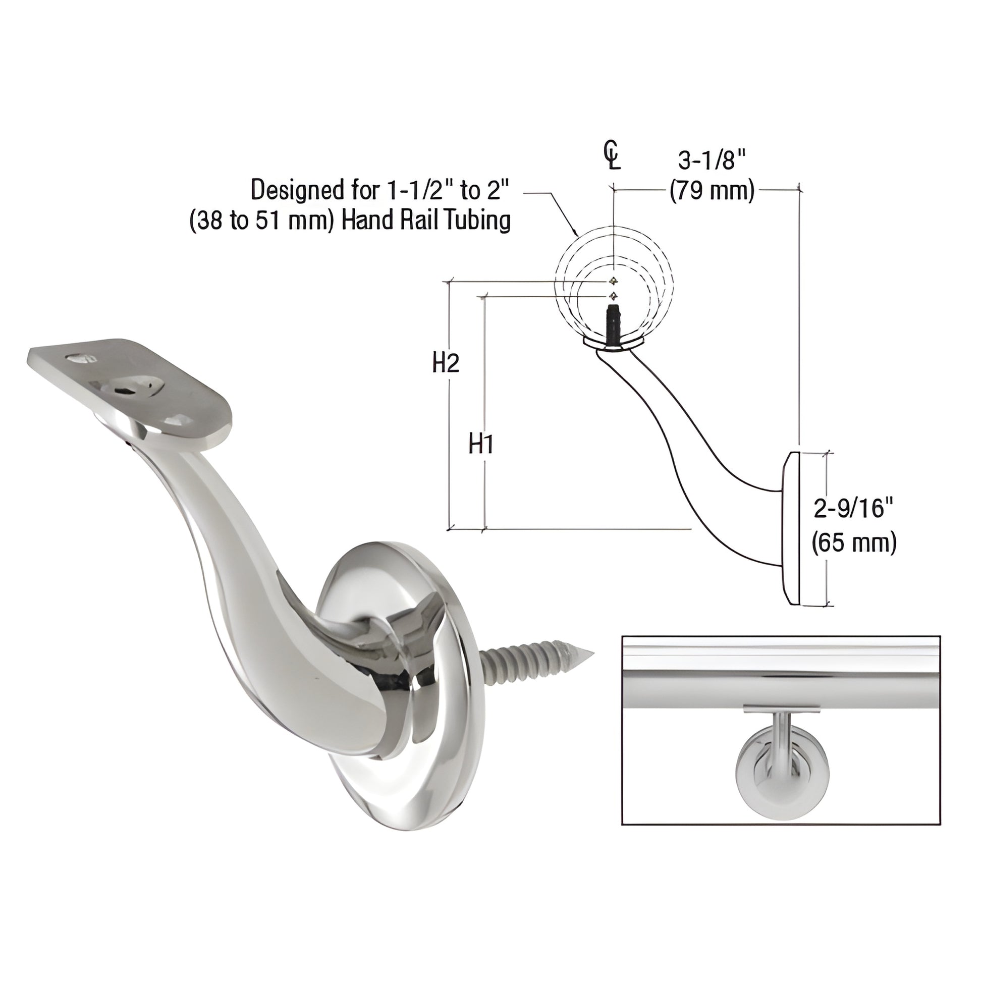 HR4WPS polished stainless steel wall-mount handrail bracket, ready-to-install, fits 1-1/2" to 2" tubing, 3-1/8" projection