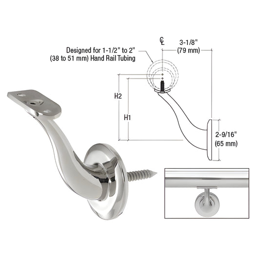 HR4WPS polished stainless steel wall-mount handrail bracket, ready-to-install, fits 1-1/2" to 2" tubing, 3-1/8" projection